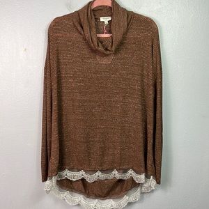 Umgee NWT Brown Metallic Semi Sheer Lace Hem Long Sleeve Turtleneck Tunic Large